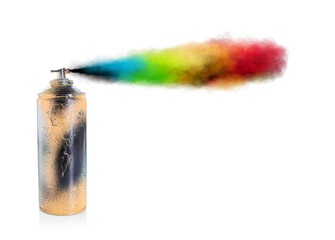 Aerosol can spraying colorful paint isolated on white