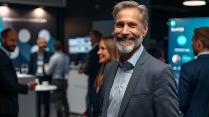 A man smiling at a busy trade fair with booths in the background and blurry figures indicating movement.