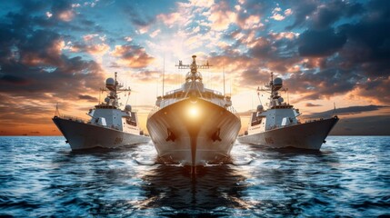 Fototapeta premium Three military ships at sea during sunset, creating a dramatic and cinematic atmosphere.