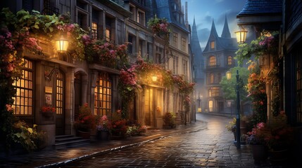 Fototapeta premium A charming European street with cobblestones glistening in the rain, flowers in window boxes, and street lamps casting a warm glow