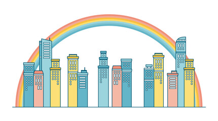 カラフルな虹がかかった都会の高層ビルのパステルカラーの北欧風のかわいいイラスト