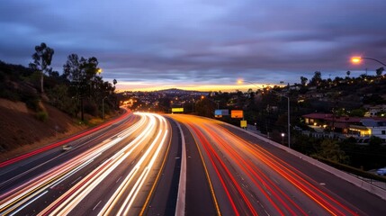 A long exposure captures the busy movement of traffic at night on a highway, displaying vibrant light trails against a dusky sky with clouds.