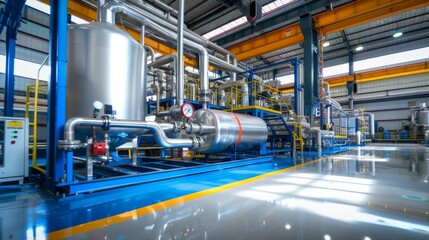 Large steel tanks and complex network of pipes in a hydrogen power plant with a wide-angle perspective.