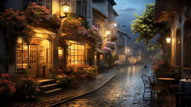 A charming European street with cobblestones glistening in the rain, flowers in window boxes, and street lamps casting a warm glow - Powered by Adobe