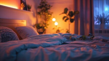 A bed with a green comforter and a lamp on the nightstand