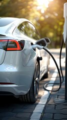 An electric vehicle is plugged into a charging station, the sun setting gently in the blurred background, highlighting eco-friendly transportation.
