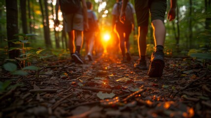 A group of teenagers hiking on a forest trail at sunset, enjoying the tranquil nature.