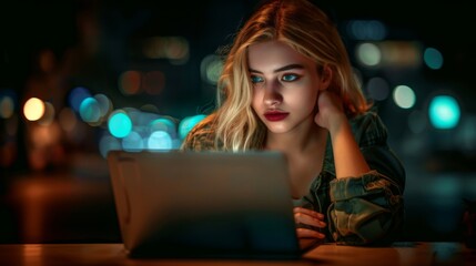 A young woman concentrated on her work using a laptop at night, illuminated by the screen in a dark environment.