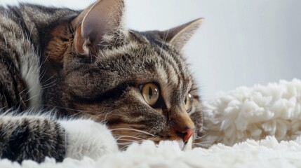 A brown tabby cat lying on a white fluffy surface with a focused, intense gaze.
