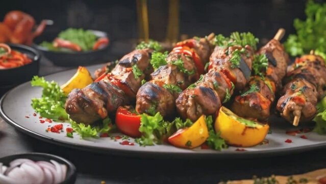 close up of a skewer of meat and vegetables, kebab, hd food photography, skewer, meat texture, istockphoto, high quality stock picture, alamy stock photo, high quality product image 4K Clip food, meat