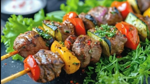 close up of a skewer of meat and vegetables, kebab, hd food photography, skewer, meat texture, istockphoto, high quality stock picture, alamy stock photo, high quality product image 4K Clip