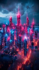 Obraz premium An artistic depiction of a vibrant futuristic cityscape at night, illuminated by neon lights and towering skyscrapers.