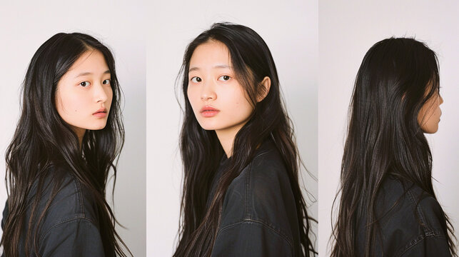 Triple retrato de mujer joven asi&aacute;tica con pelo largo posando en diferentes posturas.