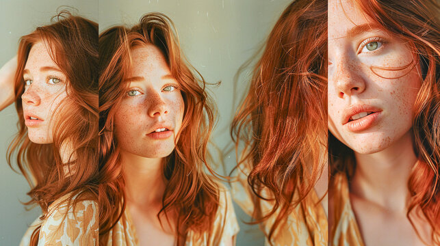 Retrato de joven modelo mujer dividido en cuatro con pelo pelirrojo y peinado ondulado con pecas en la piel.