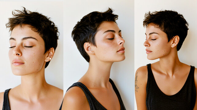 Triple Retrato de joven mujer de medio cuerpo en diferentes posturas con pelo corto. 