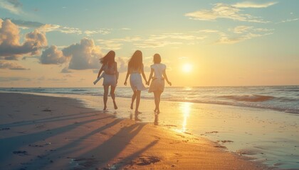 Sunkissed Solitude: Young Asian Women Embrace Joyful Togetherness on a Tropical Beach