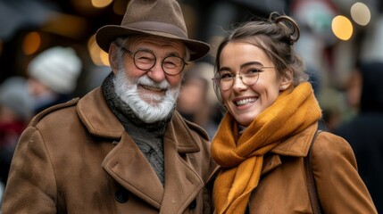 Fototapeta premium Cheerful senior man with a beard wearing glasses and a hat, smiling next to a young lady with a ponytail and glasses.