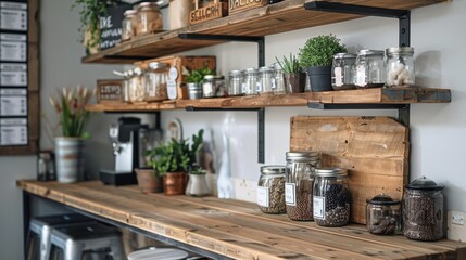 Fototapeta premium A wooden counter with jars of spices and herbs on it