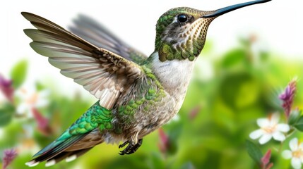 Fototapeta premium A vibrant hummingbird in flight, depicted against a white background with blurred greenery and flowers.