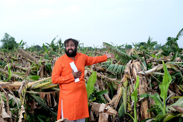 Fototapeta na wymiar Indian Farmer Surveying Crop Destruction After Natural Disaster.