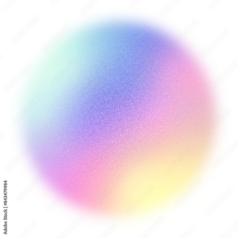 Sticker blur gradient circle with grain noise texture, neon hologram iridescent color blurry shape isolated 