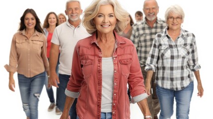 Fototapeta premium Portrait of a smiling mature woman walking confidently with a group of people, isolated on a white background.