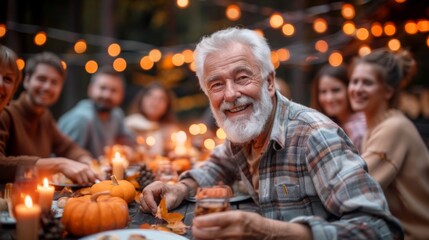 Obraz premium An elderly man with a joyful expression at a festive outdoor family dinner with pumpkins and candles on the table.