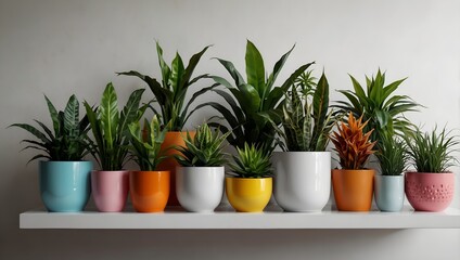 Generative AI Colorful pots with various plants, including succulents, cacti, and flowers, lined up neatly in a row.