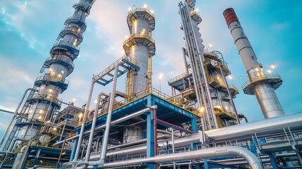 Large hydrogen power plant with steel tanks and an intricate network of pipes, illuminated at dusk.