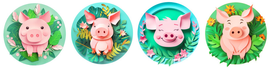 Obraz premium Papercraft set. Happy piggy, vegan, vegetarian concept.