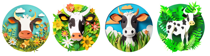  Papercraft set. Happy cow, vegan, vegetarian concept.