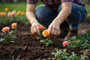 Fototapeta premium Hands Planting Beautiful Peach and Pink Roses in a Flourishing Garden