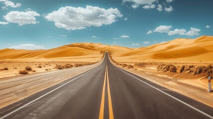 Naklejka premium A highway stretches into the horizon through a vast desert with rolling sand dunes under a clear blue sky.