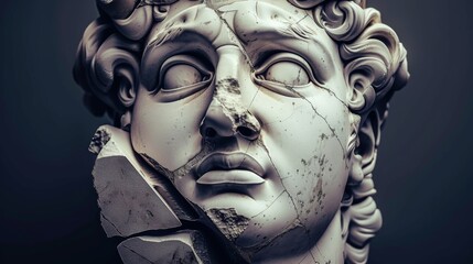 A digital artwork of a broken ancient Greek statue head, depicted with fragments falling apart against a neutral background.