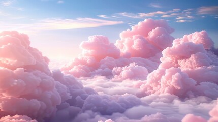 Dreamy sky with vibrant pink clouds resembling fluffy cotton candy amidst a serene blue backdrop.