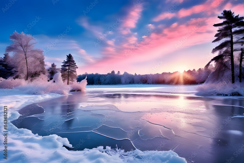 Poster a serene winter landscape featuring a partially frozen lake with cracked ice patterns, surrounded by