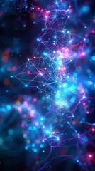 Obraz premium A 3D-rendered abstract background featuring a network of glowing lines in pink and blue hues with bokeh effect.