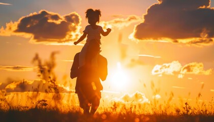 Obraz premium Joyful African Family: Father and Daughter Embrace Nature's Beauty at Sunset