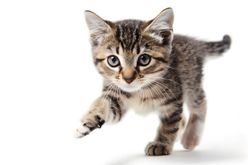 Playful kitten, running, playing isolated over white background