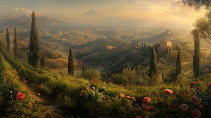 Serene landscape with green rolling hills dotted with trees and a castle under a warm golden sunrise.