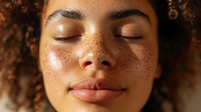 Close-up of a mixed-race woman with freckles, her eyes gently closed, showcasing natural beauty.