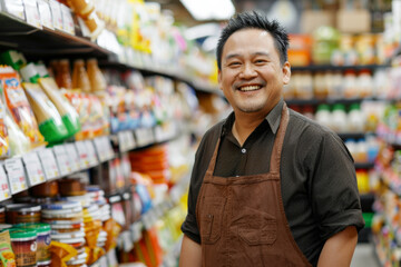 Smiling grocery store attendant in apron, standing among well-stocked store shelves, radiating friendliness.