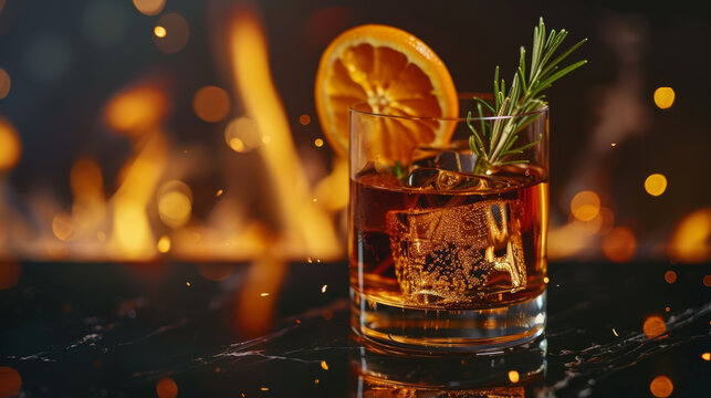 Whiskey being poured from a bottle into a glass on a wooden surface, with sliced lemon nearby