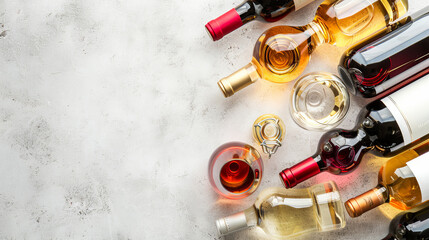 Wine bottles and a glass on a table, viewed from above