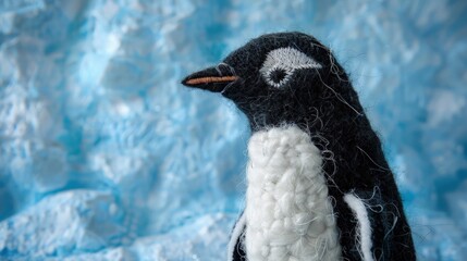 Fototapeta premium Needle felted toy penguin figurine stands proudly against a textured blue ice or snowy background, ideal for winter holiday advertising.