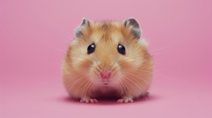 A curious hamster peeking out from a solid pastel pink background with space above for text