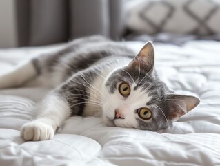 A cute cat is lying on a white blanket. The cat has gray and white fur, and yellow eyes. It is looking at the camera with a curious expression.
