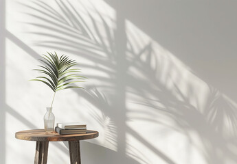 A minimalist interior features a wooden table with a vase holding a single palm leaf and a stack of books. Shadows cast on the white wall add depth and tranquility to the scene
