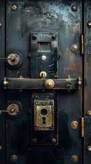 Fototapeta premium A close up of a vintage safe door with a variety of locks and a large handle.