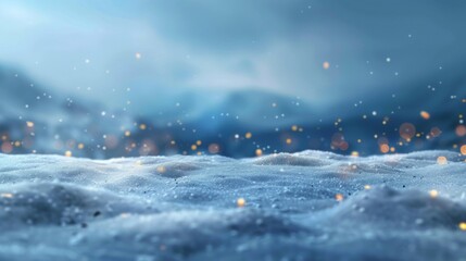 A serene snowy landscape with sparkling lights and mountains in the background under a soft blue sky.